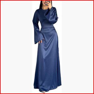 Satin Maxi Dress Long Sleeve Back Lace Up Bandage Tie Formal Evening